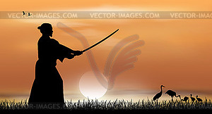 Samurai with sword at sunset - color vector clipart