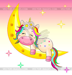 Baby unicorn on moon - vector clipart