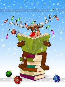 Happy deer reading book for Christmas - vector image