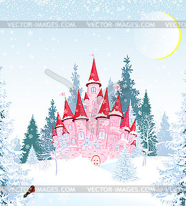 Princess castle in winter forest - vector clipart