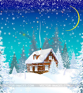 Little house in woods on eve of Christmas - vector clipart