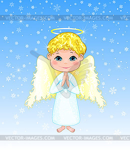 Милый мальчик-ангел на зимнем фоне со снежинками - векторная иллюстрация