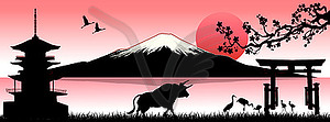 Bull on background of Mount Fuji - vector clipart