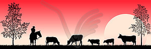 Cowboy and grazing cows in meadow - vector clip art