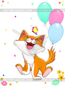 Joyful little kitten with balloons - vector image