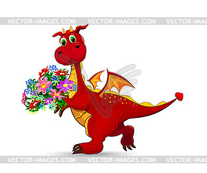 Red dragon with bouquet of flowers - vector image