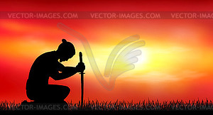 Japanese warrior samurai with sword at sunset  - vector clip art