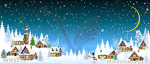 Houses village Christmas night snowman - stock vector clipart