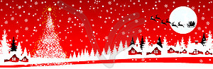 Christmas scene in village on red background - vector clipart