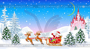 Santa Claus on sleigh against background of winter - vector image