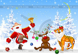 Santa, deer and tiger in winter forest - royalty-free vector image