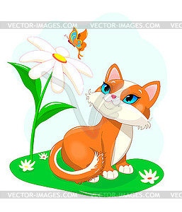 Little kitten with flower - vector clip art