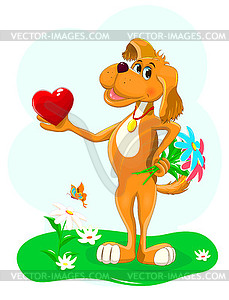 Dog with heart and bouquet of flowers - vector image