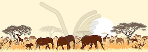 Savannah landscape with animals and trees - vector clipart
