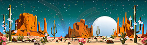 Moonlit night in desert with blooming cacti - royalty-free vector clipart