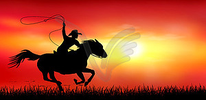 Cowboy on horseback at sunset - vector clipart / vector image