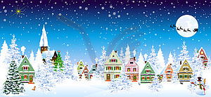 Small village on Christmas night - vector clipart