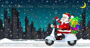 Santa with gifts rides scooter - vector clip art