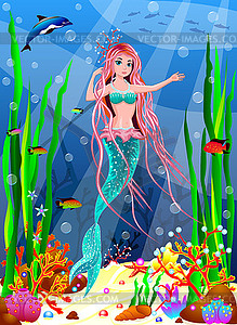 Mermaid among inhabitants of underwater world - vector clipart