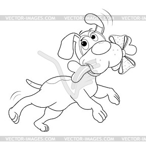 Joyful dog with gift bone, coloring book, sketch - vector image