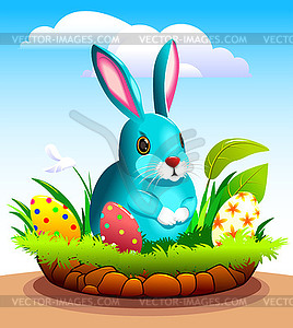 Rabbit with Easter eggs near his hole - vector clip art