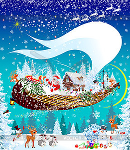 Traveling Santa Claus on flying ship on Christmas - vector clipart