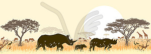 Rhinos in African savannah - vector clipart