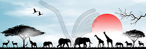 Животные африканской саванны, раннее утро - изображение в векторном виде