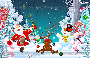 Счастливый Санта, северный олень и снеговик - векторное изображение EPS