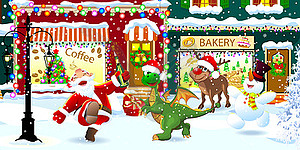 Santa, dragon, reindeer, and snowman on city street - vector clipart