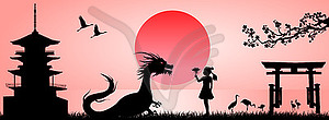 Small child and dragon - vector image