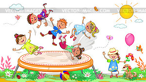 Happy children jumping on trampoline - vector clipart