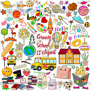 Groovy school. School doodles set - vector clip art