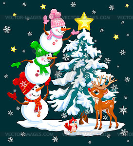 Snowmen decorate Christmas tree - vector clipart