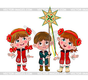 Children in Ukrainian folk costumes - vector clip art