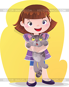 Cartoon Girl with Kitten Pet - vector clipart / vector image