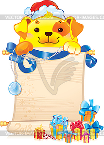 Yellow earth Dog with scroll and Christmas Ornament - vector clipart