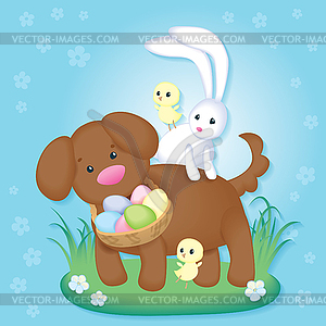 Винтажная пасхальная открытка с симпатичным щенком, цыплятами и - рисунок в векторе