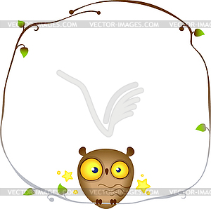 Cute funny Owl sits on frame of tree branch - vector clip art