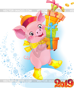 Yellow Earthy Pig with Gift Boxes. Cute Symbol of - vector image