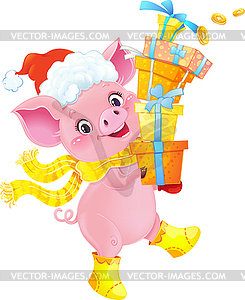 Yellow Earthy Pig with Gift Boxes. Cute Symbol of - vector clip art