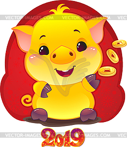 Желтая земная свинья с золотыми монетами на Новый год - клипарт