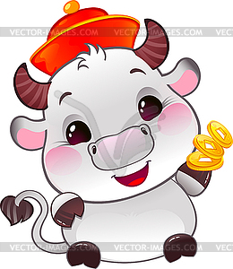 White Metal Ox with Lucky Gold Coins - Symbol of - vector clip art