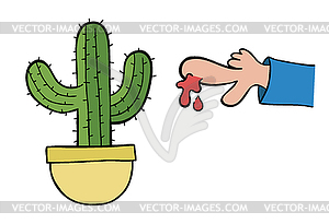 Cartoon cactus and thorn, bleeding finger - vector clip art