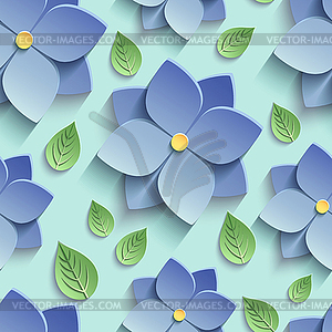 Seamless pattern with 3d blue flowers and leaves - vector clipart