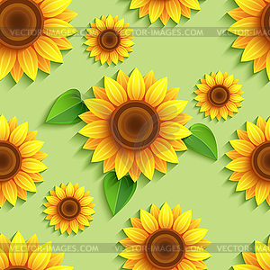 Floral green seamless pattern with 3d sunflowers - vector clipart