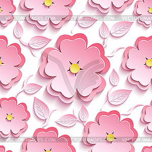 Floral seamless pattern with 3d sakura and leaves - vector clipart