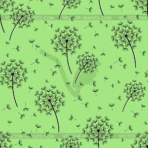 Green seamless pattern with black dandelions - vector image