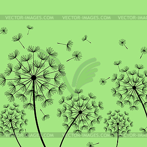 Green background with stylized black dandelions - vector image