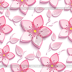 Seamless pattern with pink sakura and leaves - vector image